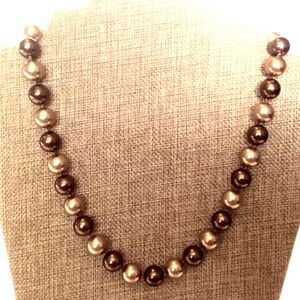 RMN Signed Champagne and Brown Hand Knotted Faux Pearl Necklace *